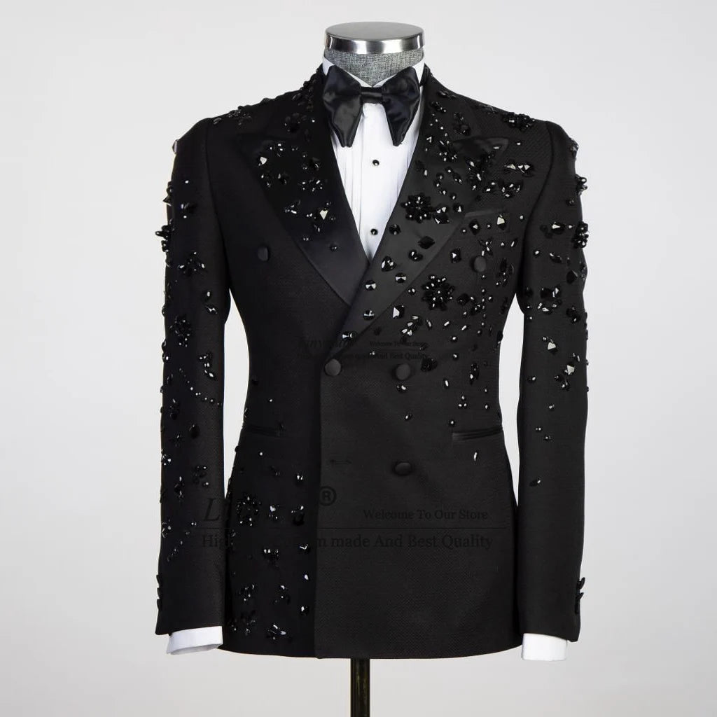 Luxury Metal Embellished Men Suits Notched Lapel Groom Tuxedos Wedding Prom Blazers Pants Outfit