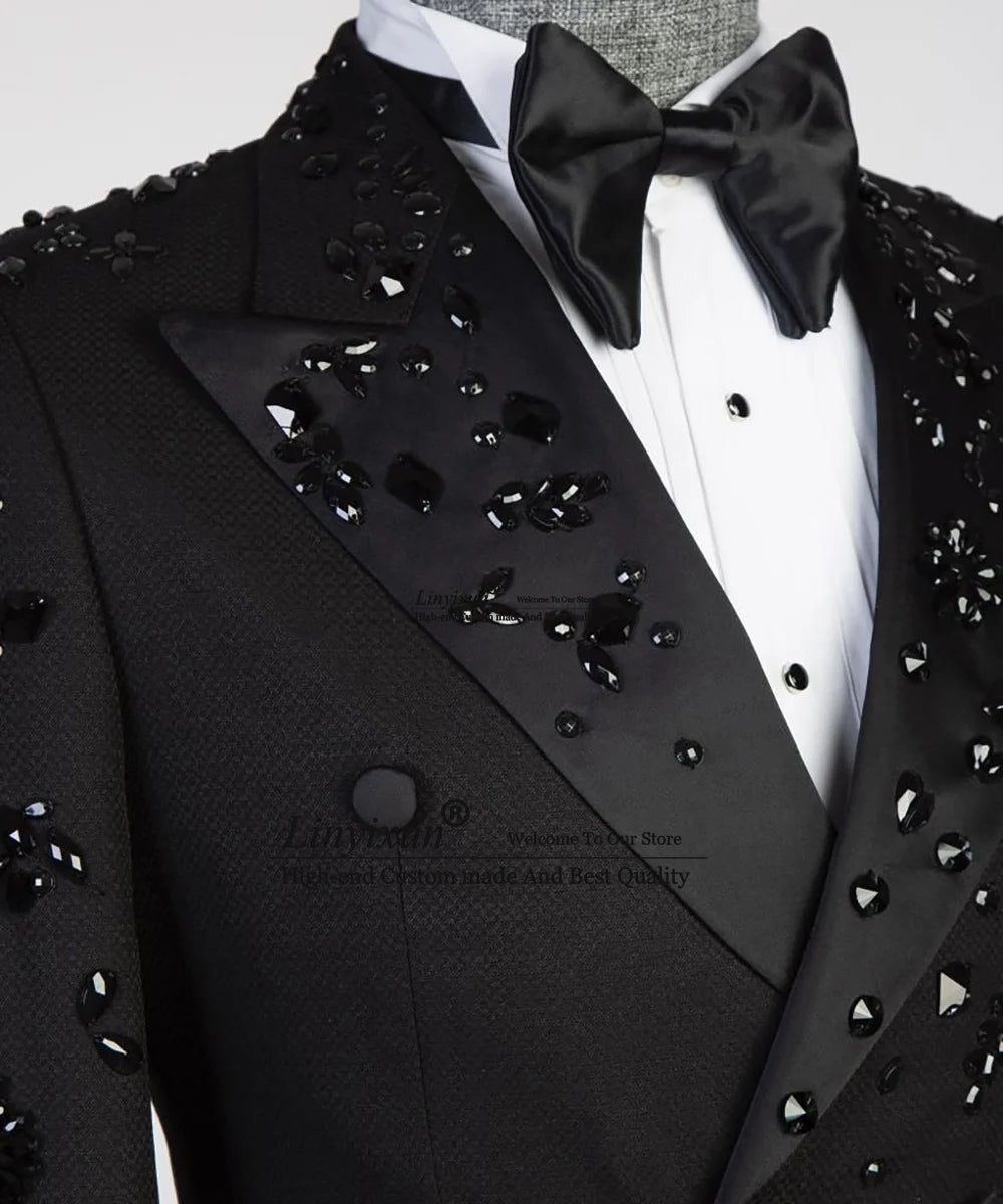 Luxury Metal Embellished Men Suits Notched Lapel Groom Tuxedos Wedding Prom Blazers Pants Outfit