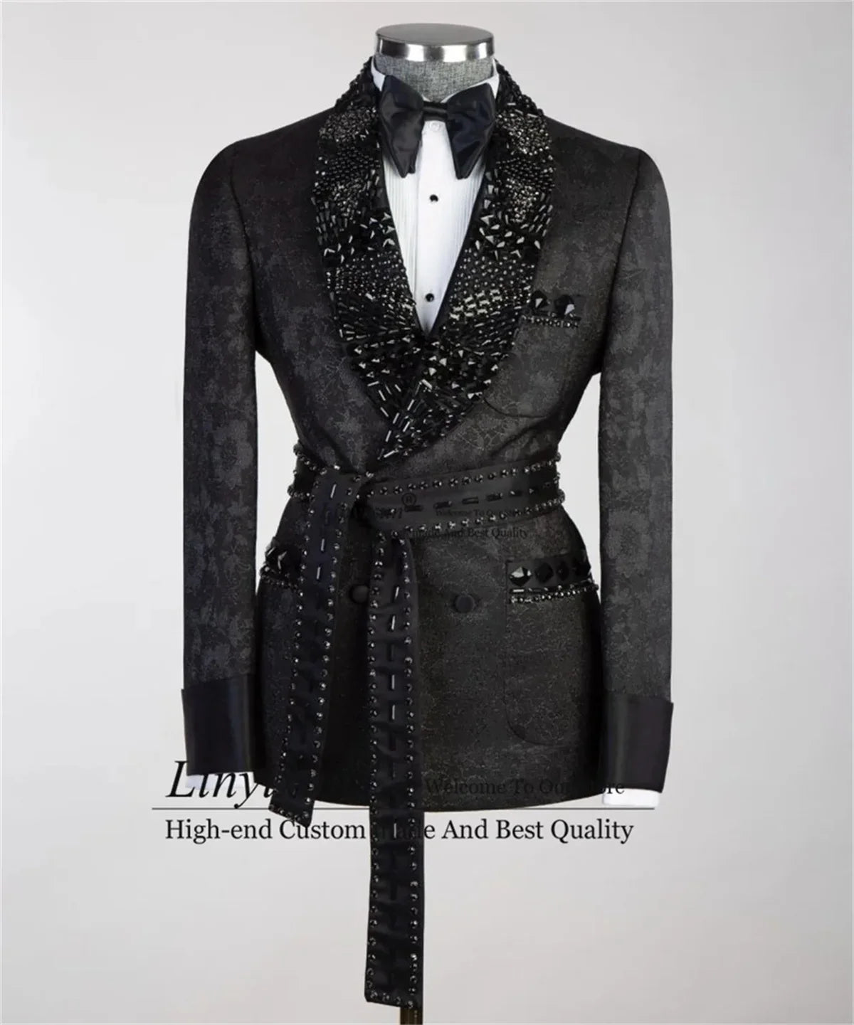 Metal Embellished Men SuitsPeaked Lapel Groom Tuxedos 2 Pieces Sets Party Prom Blazer Slim Fit Beadeds