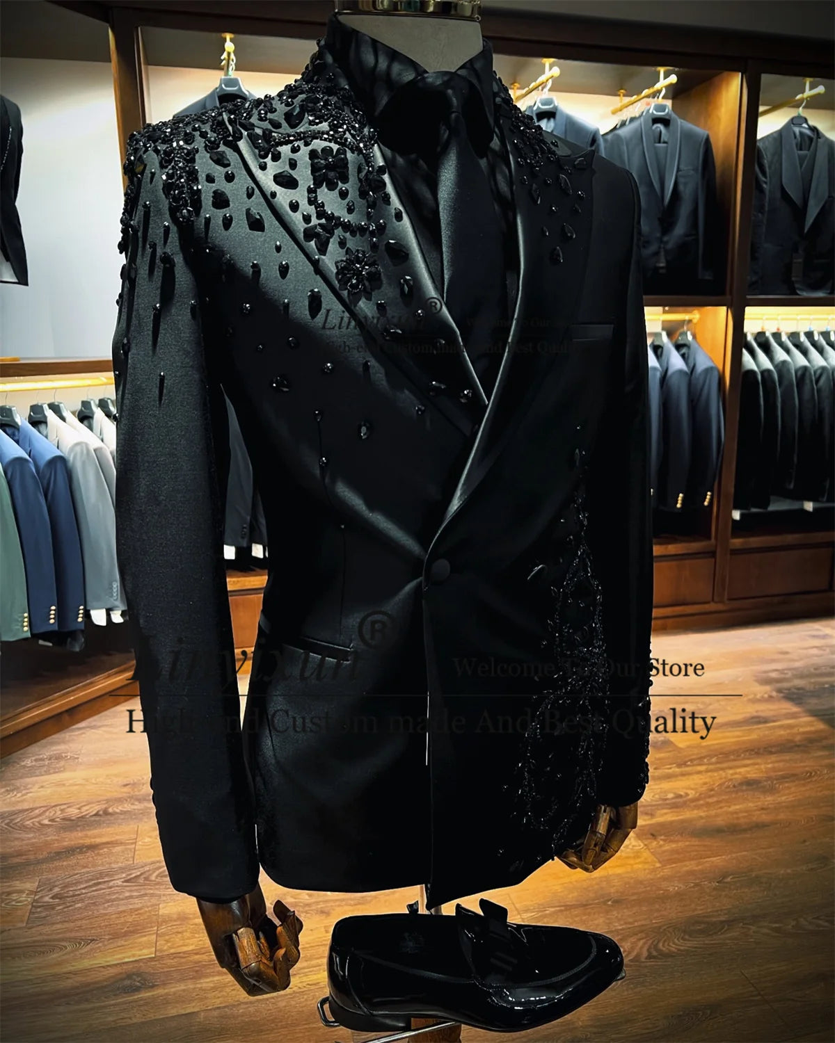 Elegante chaqueta de esmoquin negra con cuentas para hombre | Conjunto de blazer cruzado de lujo para boda | Traje elegante para novio y graduación 