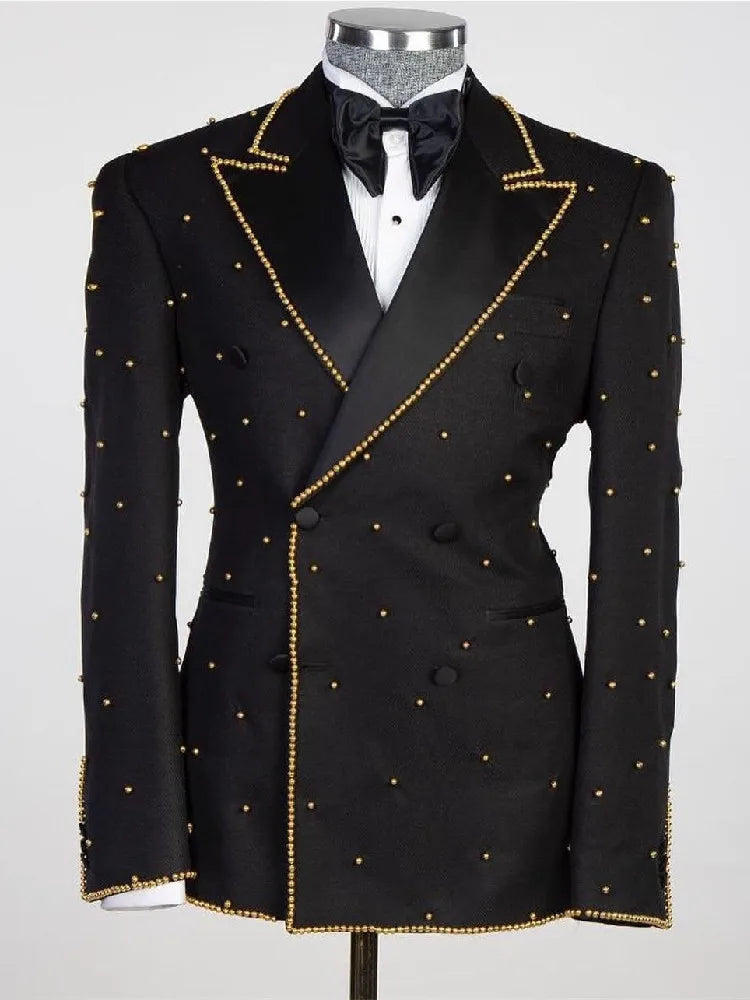 Luxury Men's Suits Tailored 2 Pieces Blazer Pants Double Breasted Satin Peaked Lapel Formal Plus Size Wedding Custom Made