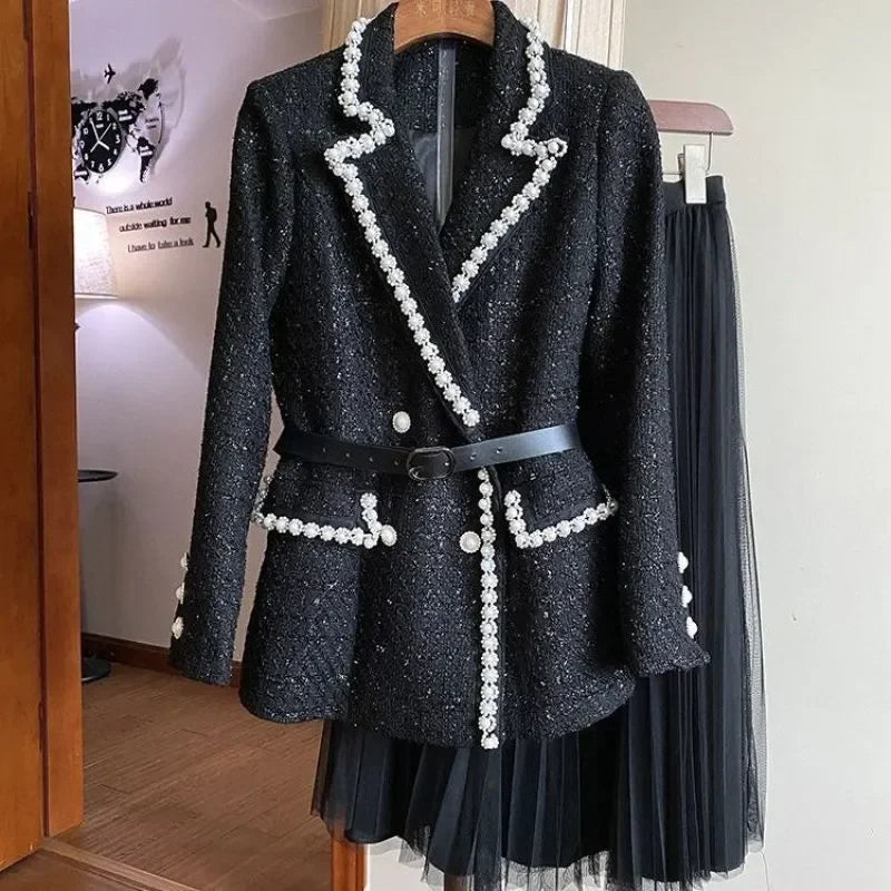 Luxury Pearl Women's Suit Set Jacket Blazer+Mesh Pleated Prom Dress 2 Pieces Sets Black Korean Skirt with Belt in Stock