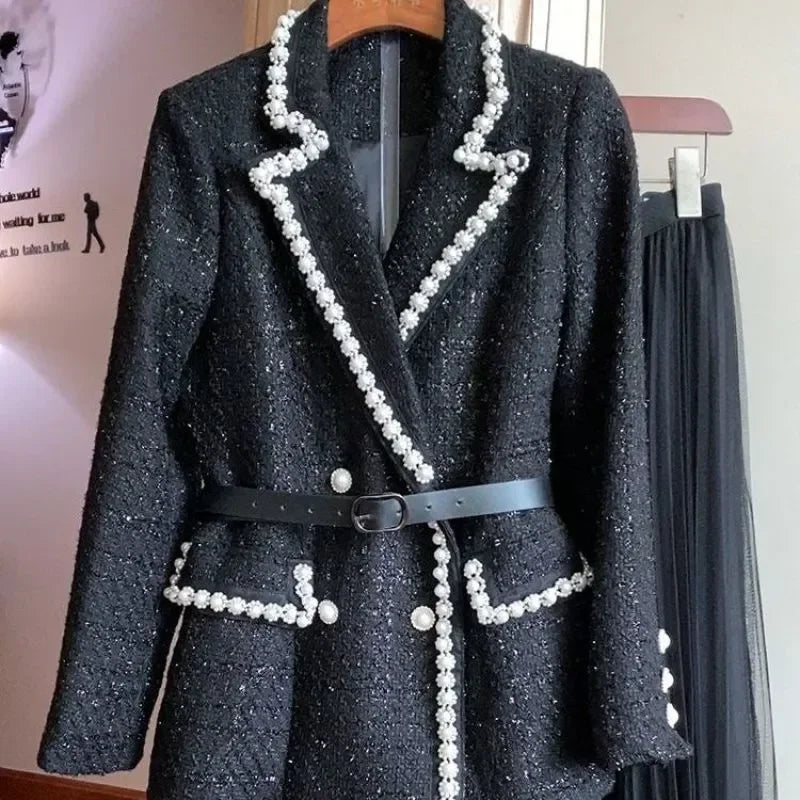 Luxury Pearl Women's Suit Set Jacket Blazer+Mesh Pleated Prom Dress 2 Pieces Sets Black Korean Skirt with Belt in Stock