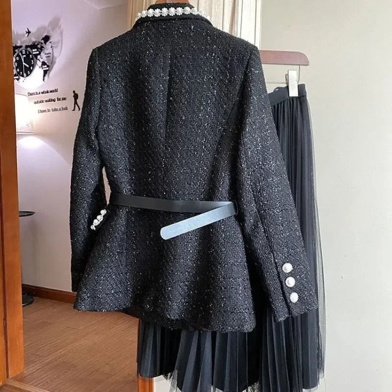 Luxury Pearl Women's Suit Set Jacket Blazer+Mesh Pleated Prom Dress 2 Pieces Sets Black Korean Skirt with Belt in Stock