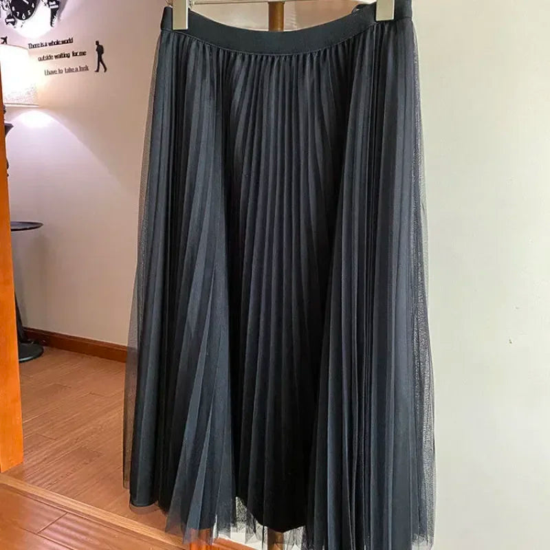 Luxury Pearl Women's Suit Set Jacket Blazer+Mesh Pleated Prom Dress 2 Pieces Sets Black Korean Skirt with Belt in Stock