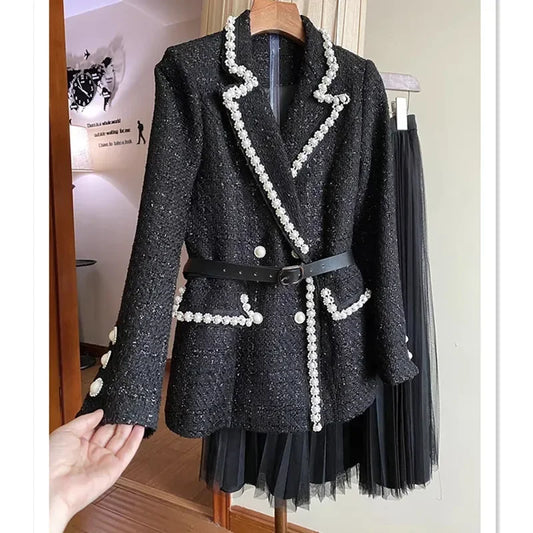 Luxury Pearl Women's Suit Set Jacket Blazer+Mesh Pleated Prom Dress 2 Pieces Sets Black Korean Skirt with Belt in Stock