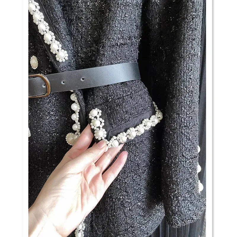Luxury Pearl Women's Suit Set Jacket Blazer+Mesh Pleated Prom Dress 2 Pieces Sets Black Korean Skirt with Belt in Stock