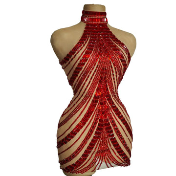 Dazzling Red Rhinestone Bodycon Dress for Women – Perfect for Nightclubs, Prom, Birthday Parties, and Drag Queen Photoshoots