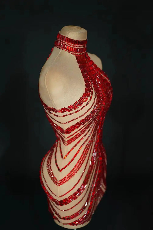 Dazzling Red Rhinestone Bodycon Dress for Women – Perfect for Nightclubs, Prom, Birthday Parties, and Drag Queen Photoshoots