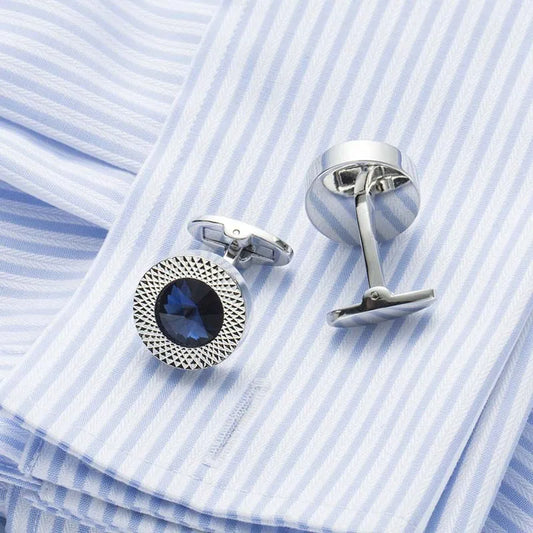 Luxury Round Cuff Links Sapphire Silver Blazer Shirt Cuff Accessory for Party