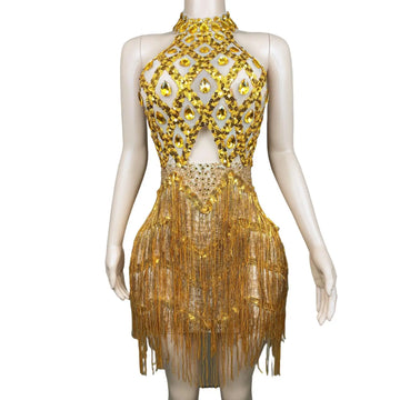 Dazzling Gold Crystal Backless Mini Cocktail Dress with Stunning See-Through Design and Flapper Fringe Details for Glamorous Women