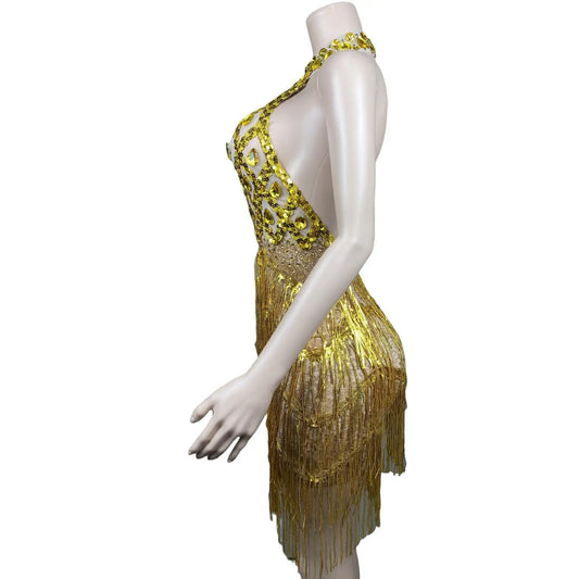 Dazzling Gold Crystal Backless Mini Cocktail Dress with Stunning See-Through Design and Flapper Fringe Details for Glamorous Women