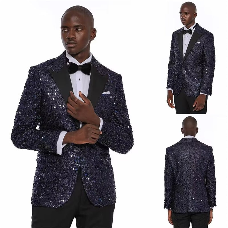 Traje de hombre con lentejuelas de lujo, conjunto de 2 piezas de blazer y pantalón, esmoquin formal para novio de boda, chaqueta brillante de 2 piezas, abrigo. 