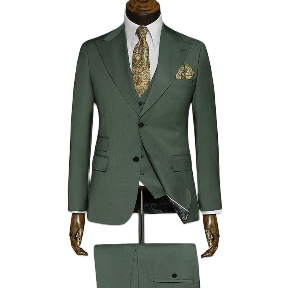 Solid Green Color 3Pcs Jacket Pants Vest Men's Wedding Suits Slim Fit Business Office Sets Blazer Trousers