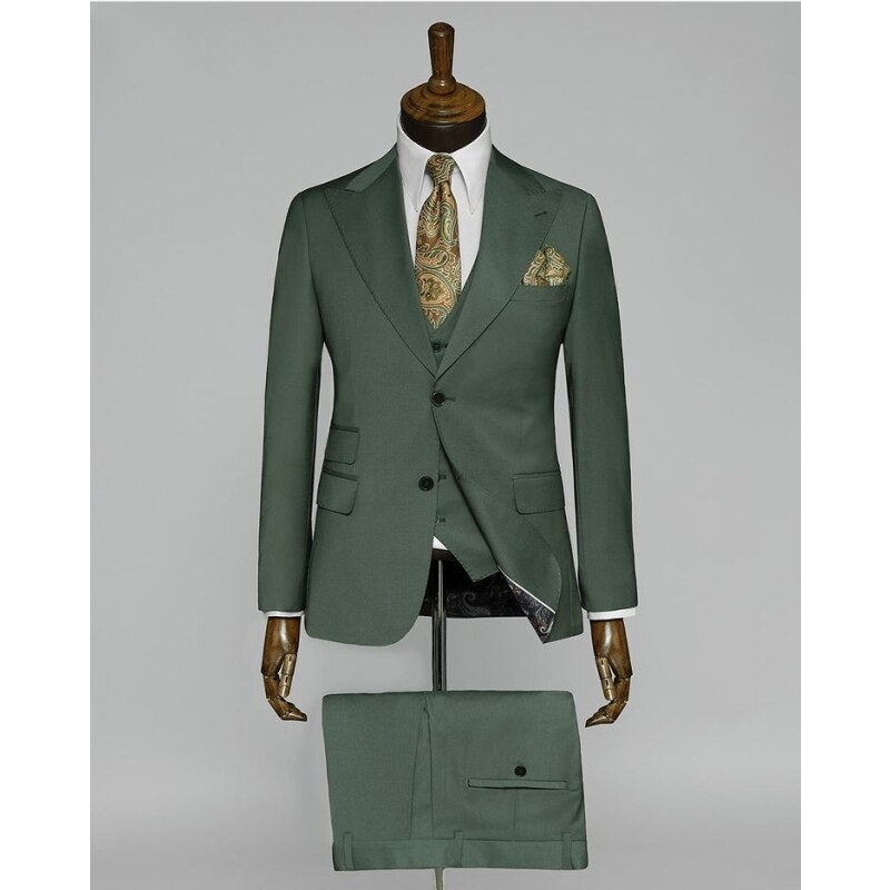 Traje de boda para hombre, color verde sólido, 3 piezas, chaqueta, pantalón, chaleco, corte entallado, para oficina y negocios 
