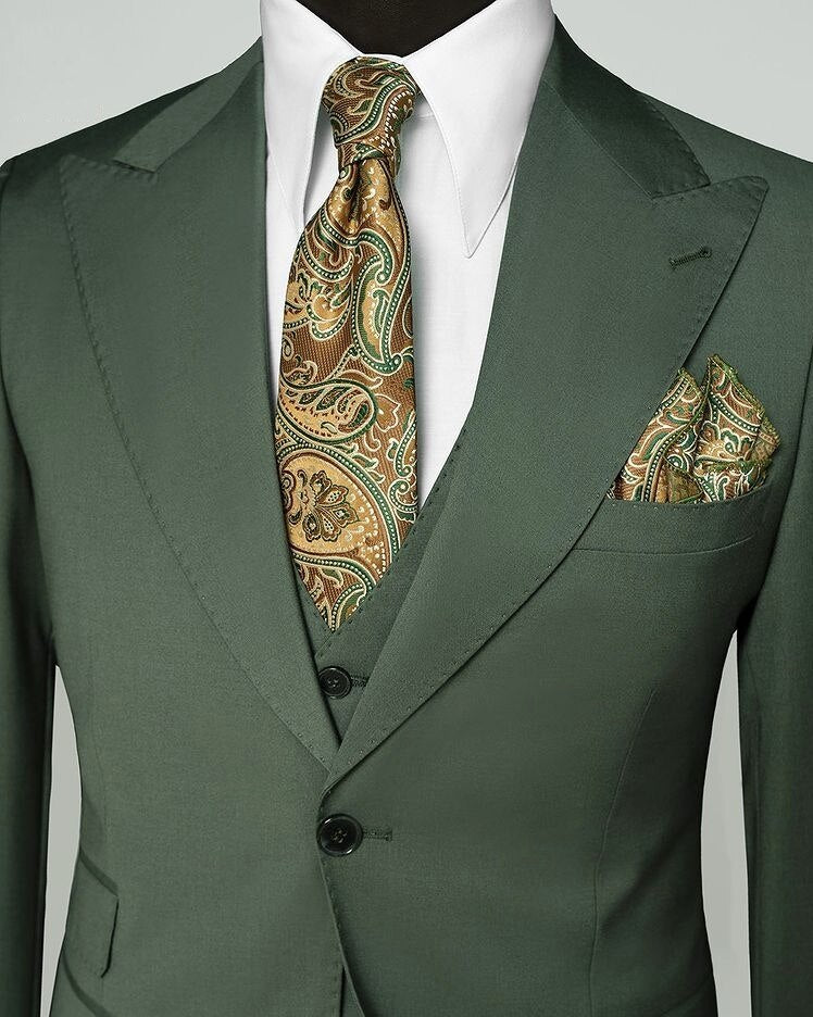 Traje de boda para hombre, color verde sólido, 3 piezas, chaqueta, pantalón, chaleco, corte entallado, para oficina y negocios 
