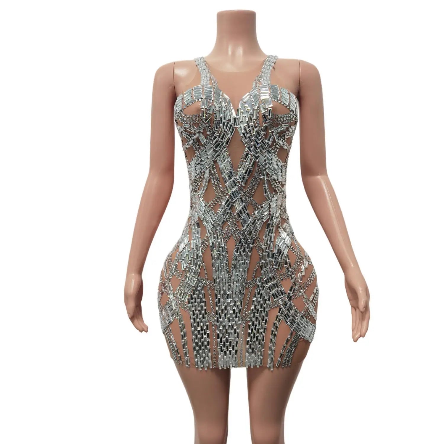 Luxury Sparkly Rhinestones Silver Sleeveless Short Dress for Women Birthday Celebrate Party Outfit Singer Stage Costume