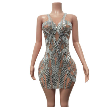 Luxury Sparkly Rhinestones Silver Sleeveless Short Dress for Women Birthday Celebrate Party Outfit Singer Stage Costume