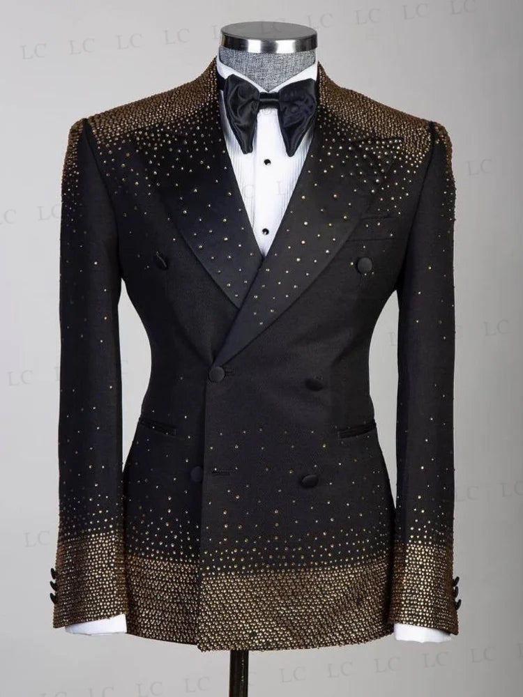 Elegante traje de esmoquin con cuentas para hombre. Lujoso conjunto de dos piezas de blazer y pantalón con adornos de cristal. Perfecto para bodas, bailes de graduación y eventos formales. Tallas grandes disponibles.
