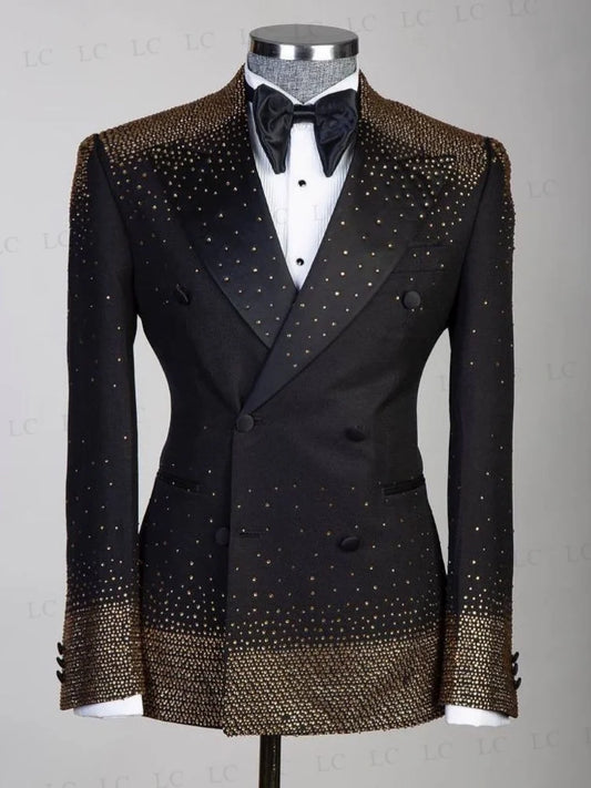 Elegante traje de esmoquin con cuentas para hombre. Lujoso conjunto de dos piezas de blazer y pantalón con adornos de cristal. Perfecto para bodas, bailes de graduación y eventos formales. Tallas grandes disponibles.