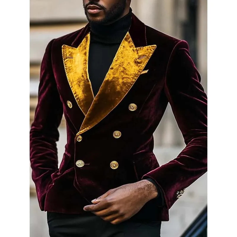 Costume 2 pièces en velours pour homme, veste croisée, revers en pointe doré, élégant, pour bal de promo, soirée, pantalon, Terno