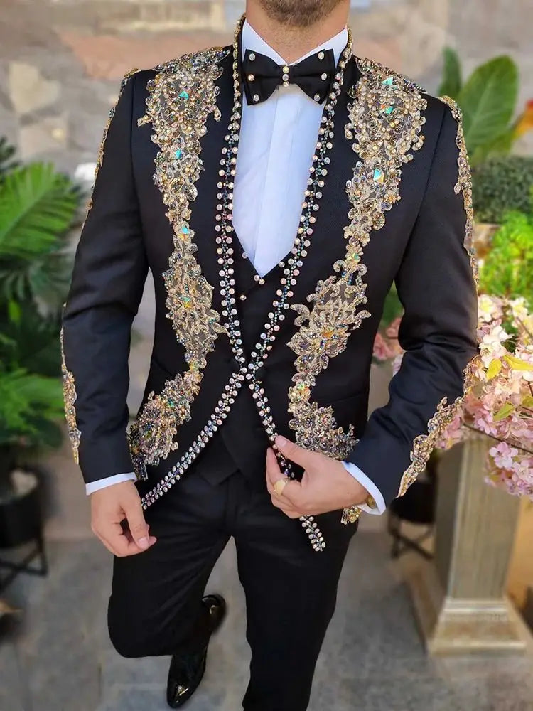 Luxury Wedding Suits for Men Colorful Beaded Appliques Men's Formal Party Groom Tuxedos Formal Business Blazer Vest Pants 3 Pcs