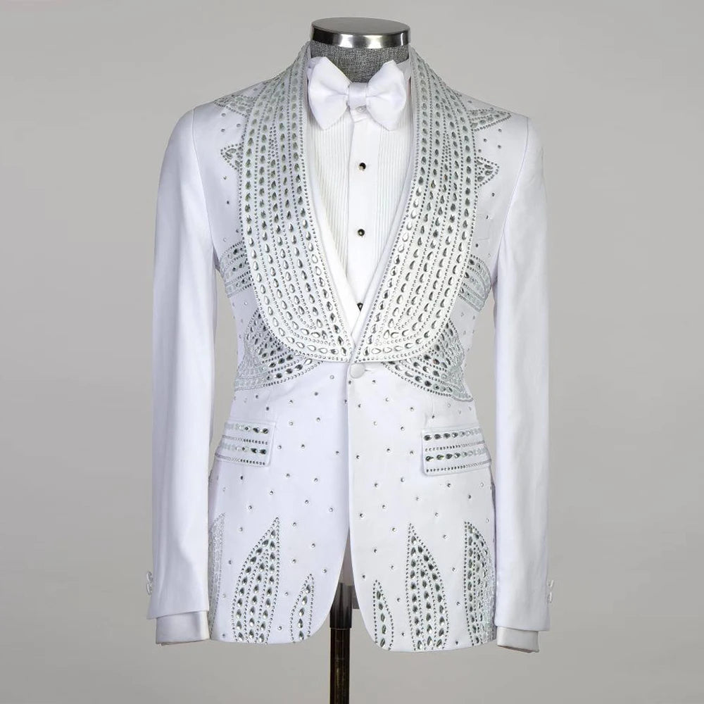 Chaqueta de esmoquin blanca con adornos para hombre, pajarita y chaleco a juego