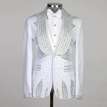 Chaqueta de esmoquin blanca con adornos para hombre, pajarita y chaleco a juego