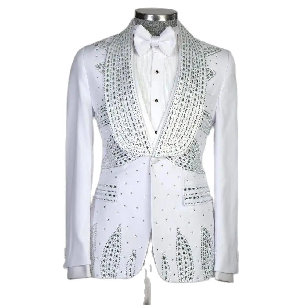 Chaqueta de esmoquin blanca con adornos para hombre, pajarita y chaleco a juego