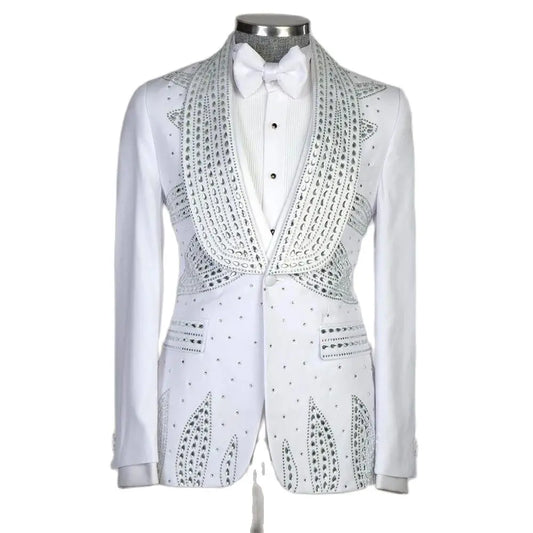 Chaqueta de esmoquin blanca con adornos para hombre, pajarita y chaleco a juego