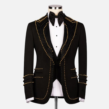 Luxury Wedding Tuxedo Black Formal Groom Men Suits Gold Crystals Business Wear Blazer Vest Pants Tailored Made Prom Party Suit