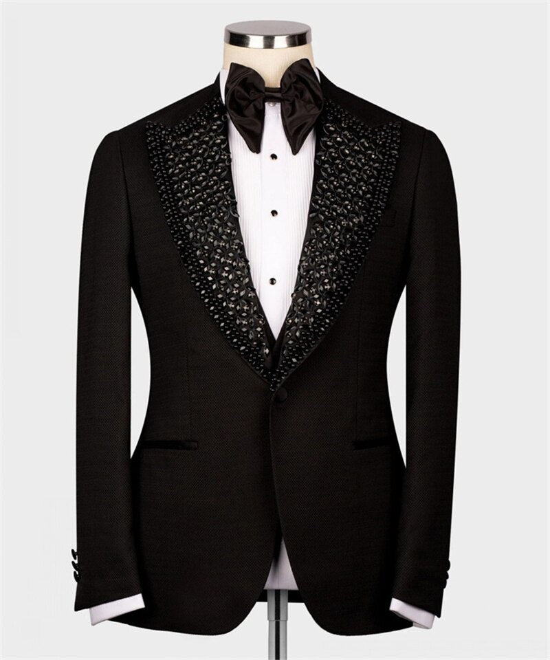 Esmoquin de boda de lujo negro formal para novio, traje de hombre ajustado con cristales y cuentas, blazer, chaleco y pantalón, traje de fiesta de graduación a medida 