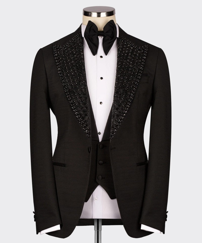 Esmoquin de boda de lujo negro formal para novio, traje de corte entallado con cuentas de cristales, blazer, chaleco y pantalón para hombre, traje de fiesta de graduación a medida 