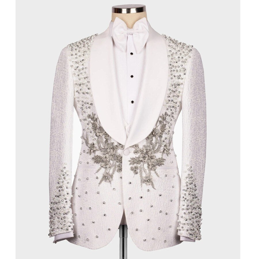 Costume de mariage de luxe pour homme, 3 pièces, ivoire, blazer, gilet, pantalon, appliques, cristaux, sur mesure 
