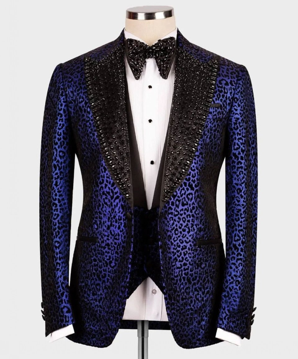 Costume de mariage de luxe pour homme, coupe slim, motif léopard, avec blazer à revers pointu et perles, 3 pièces 