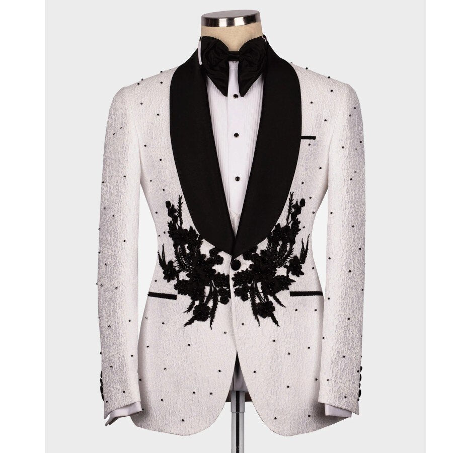 Esmoquin de boda de lujo blanco, traje formal para novio, 3 piezas, corte entallado, apliques de cristales, vestido de fiesta a medida para hombre. 