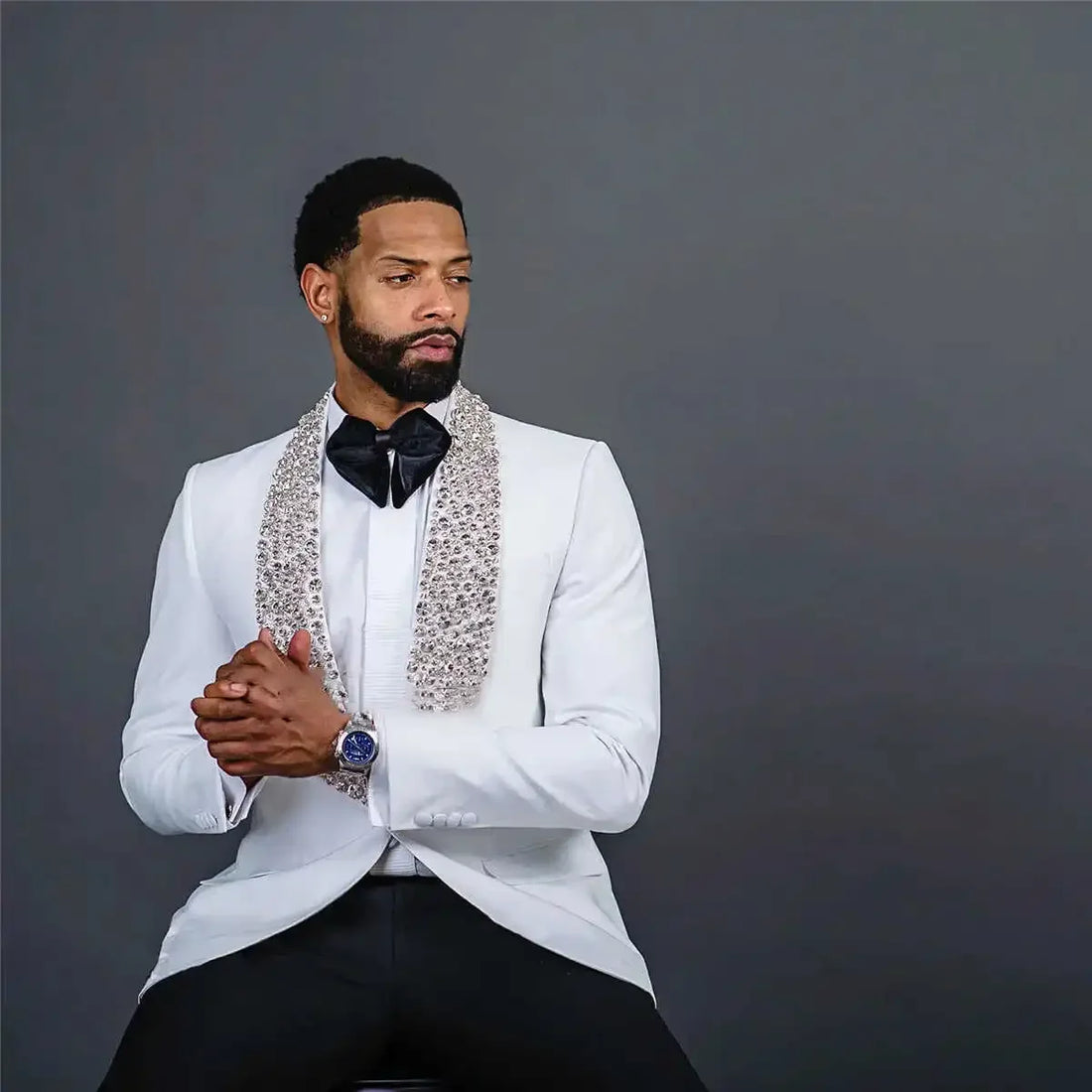 Costume de luxe blanc pour homme, coupe slim, avec perles en cristal, smoking de mariage, revers châle, blazer, ensemble 2 pièces, veste et pantalon