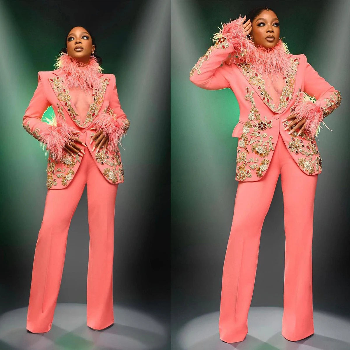 Smoking de mariage de luxe pour femme, 2 pièces, sur mesure, avec paillettes, appliques, plumes, blazer, pantalon taille haute 