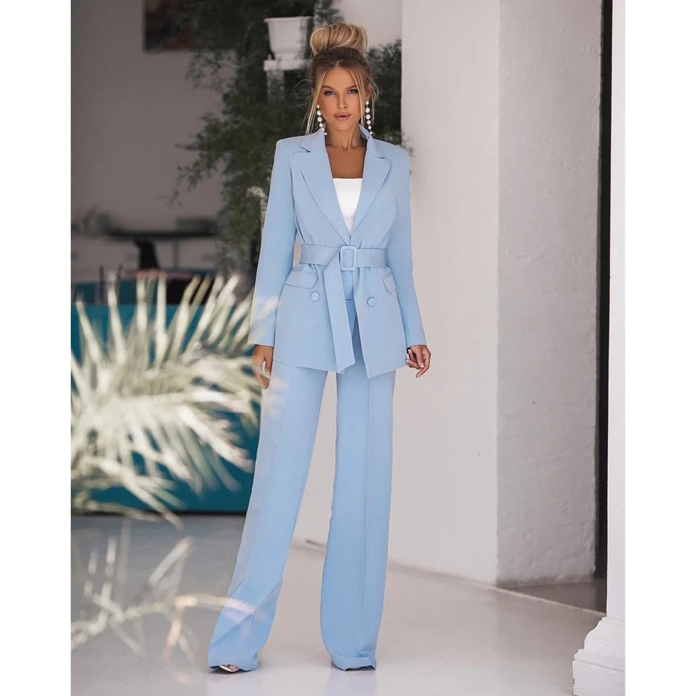 Trajes de lujo para mujer, de color liso, con solapa con muescas y doble botonadura, para oficina, informal, de dos piezas, chaqueta y pantalón 