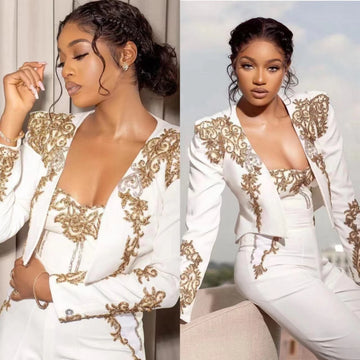 Elegant 3-Piece Women’s White Suit Set with Gold Embroidery for Weddings and Special Occasions - Custom Slim Fit Jacket, Top, and Trousers