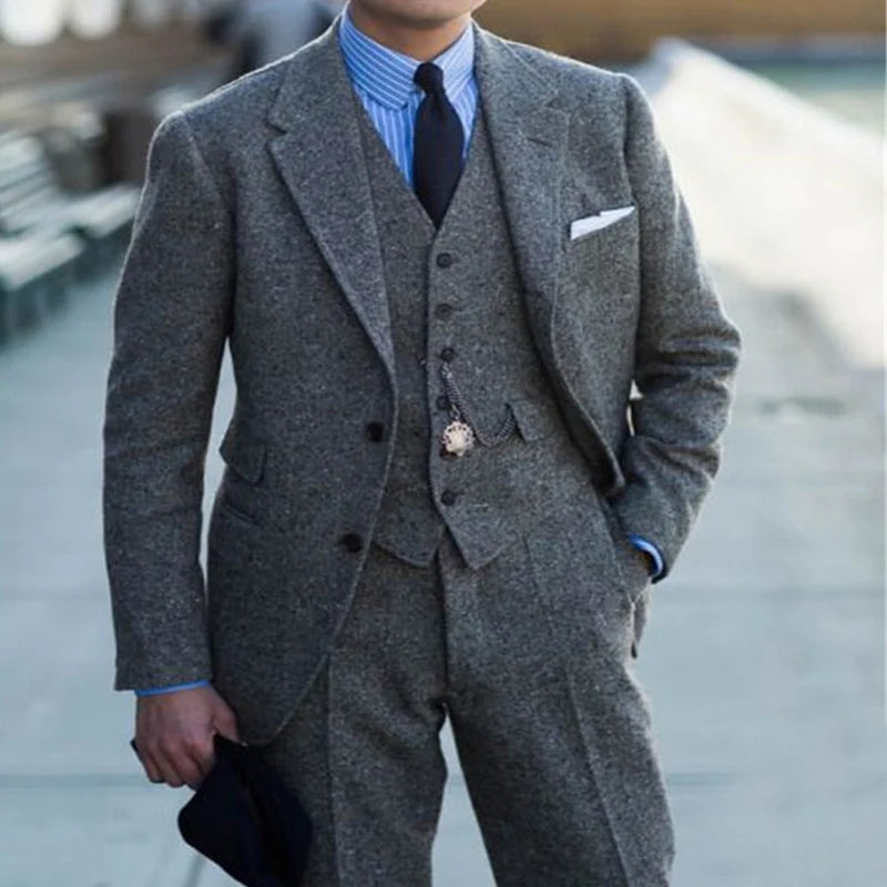 Costume de luxe 3 pièces en laine pour homme, smoking de mariage en tweed gris avec revers crantés, costume de soirée élégant et décontracté
