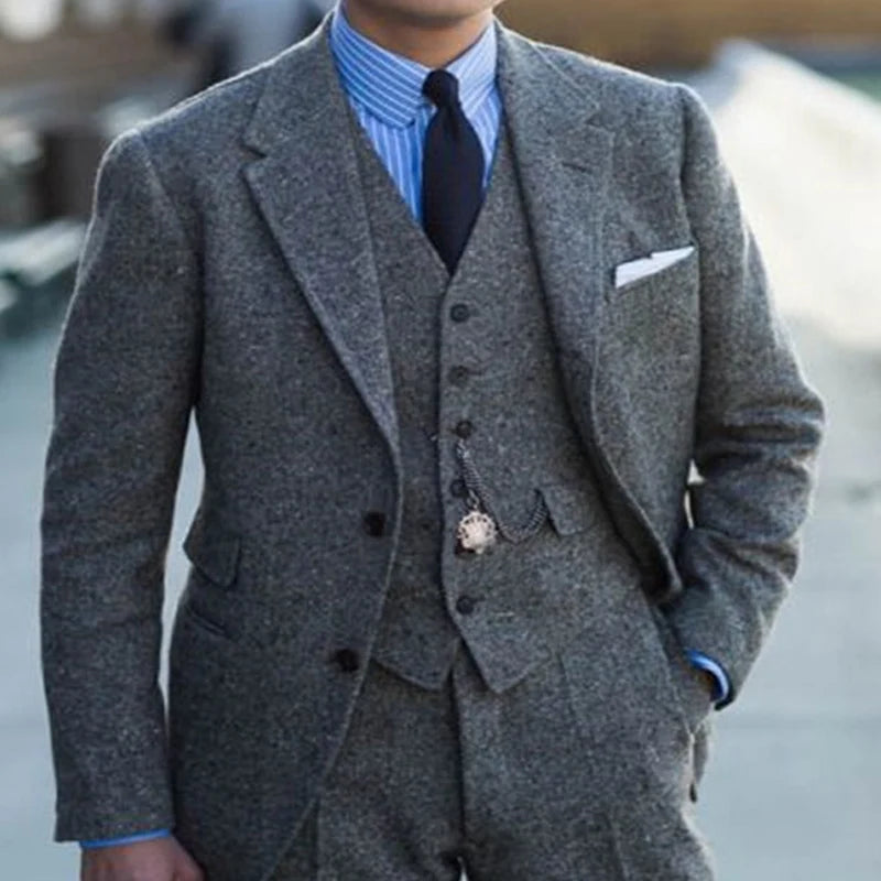 Costume de luxe 3 pièces en laine pour homme, smoking de mariage en tweed gris avec revers crantés, costume de soirée élégant et décontracté