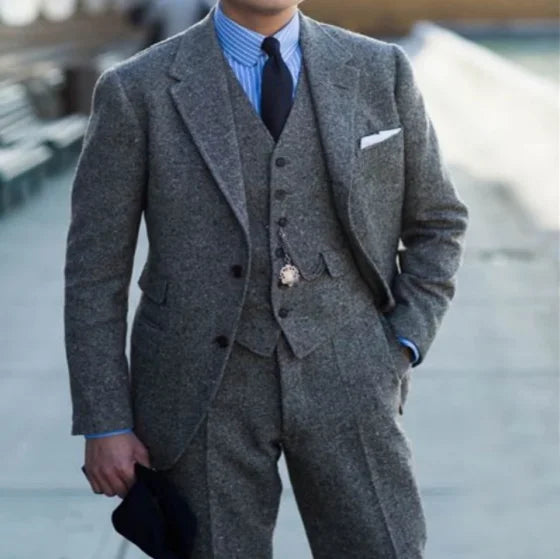 Costume de luxe 3 pièces en laine pour homme, smoking de mariage en tweed gris avec revers crantés, costume de soirée élégant et décontracté