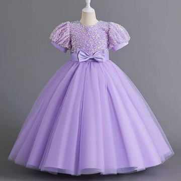 Lavender Sequin Tulle Ball Gown Dress for Girls with Puff Sleeves and Bow Detail