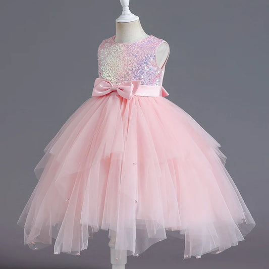 Girls Pink Sleeveless Sequin Top Tulle Skirt Party Dress with Bow Details