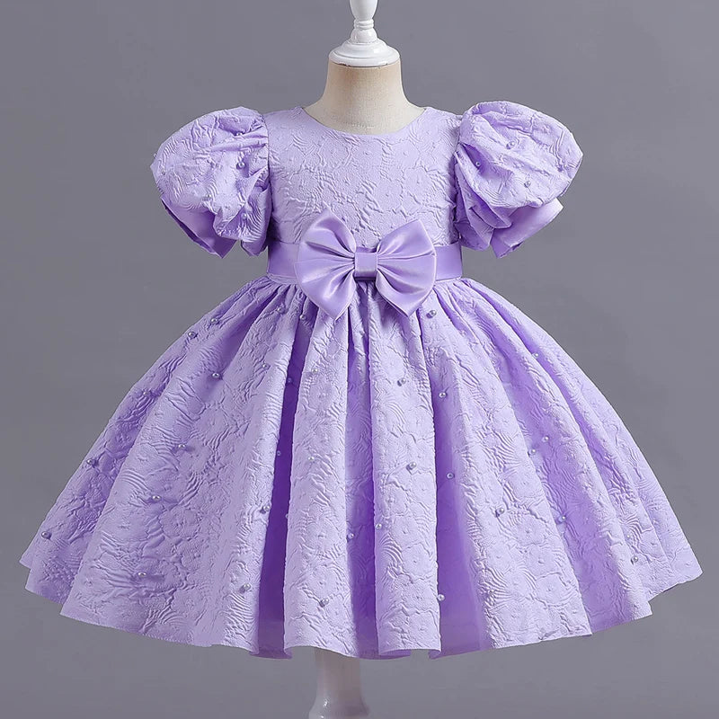Lilac Puffy Sleeve Floral Lace Bowknot Dress for Girls