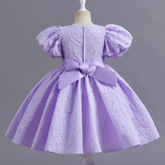 Lilac Puffy Sleeve Floral Lace Bowknot Dress for Girls
