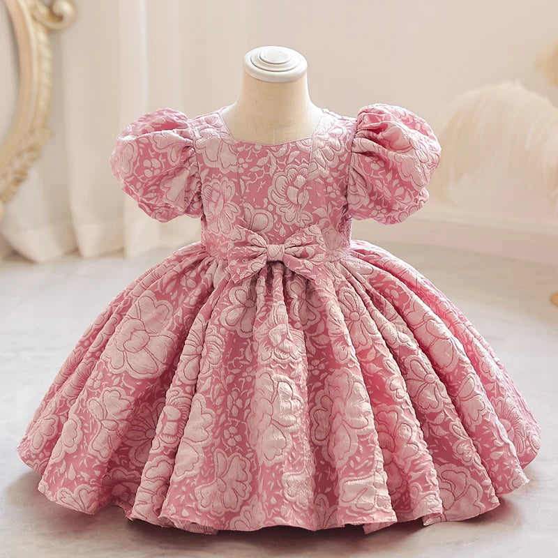 Pink Floral Puff Sleeve Dress with Bow for Baby Girls