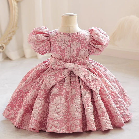 Pink Floral Puff Sleeve Dress with Bow for Baby Girls