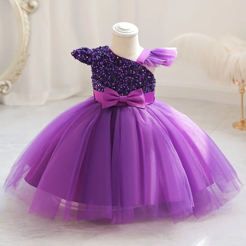 Vestido de tul morado con lentejuelas y un hombro al descubierto con lazo para niñas 